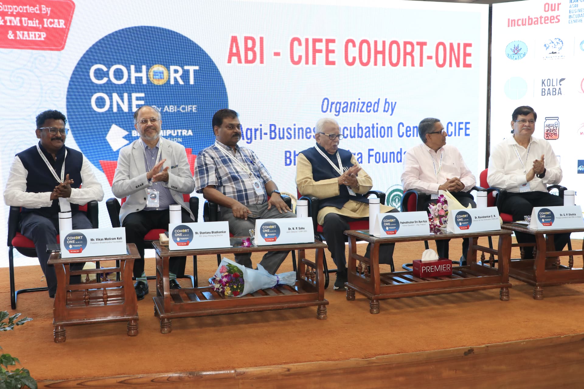 Dignitaries on the dais at the ABI-CIFE Cohort One event, including former Governor Shri Ram Naik and ICAR-CIFE leadership